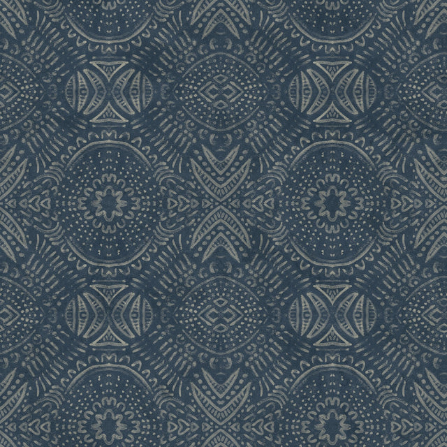 Java Navy Medallion Wallpaper with Handpainted Tin Tile Motif - Chesapeake 3118-12661
