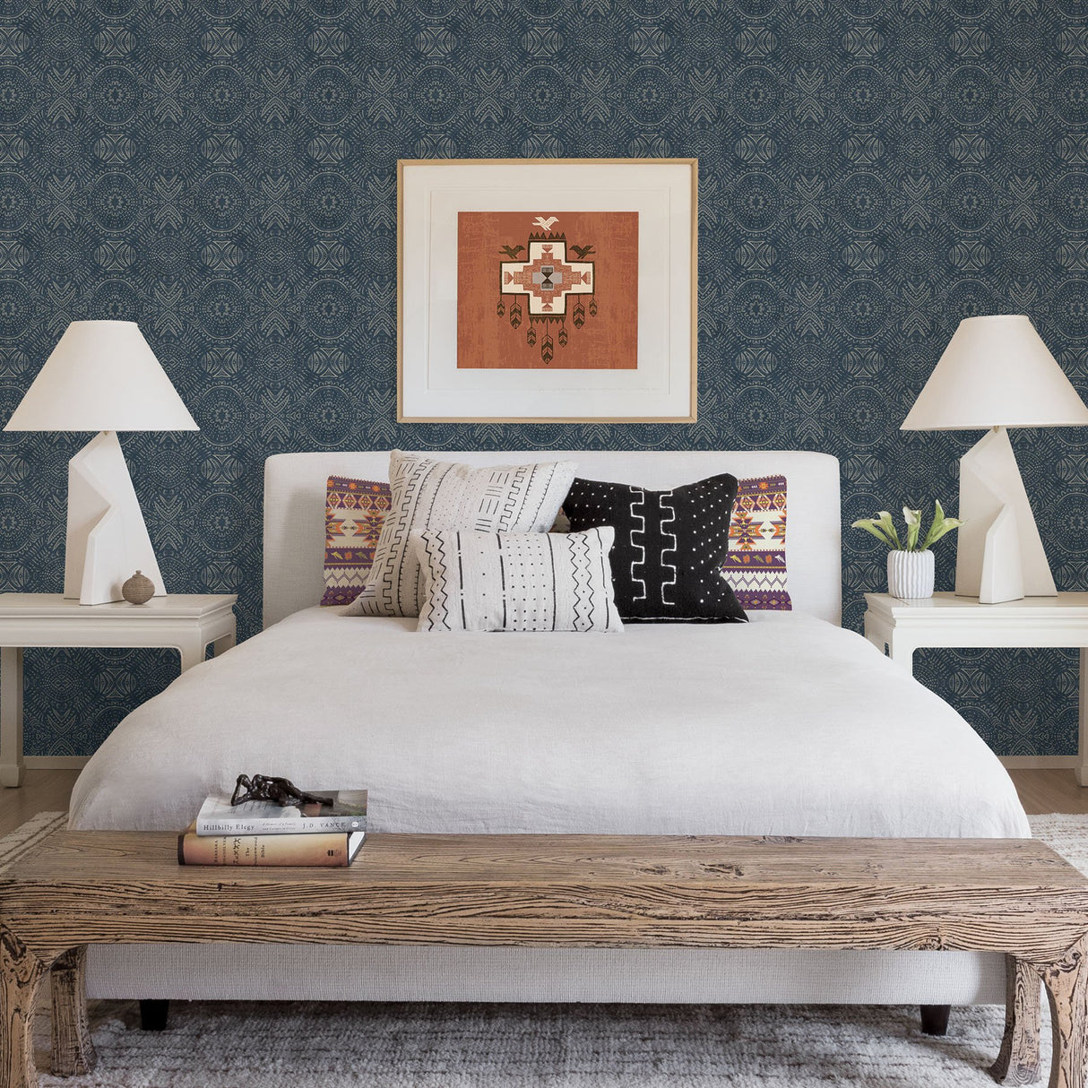 Java Navy Medallion Wallpaper with Handpainted Tin Tile Motif - Chesapeake 3118-12661
