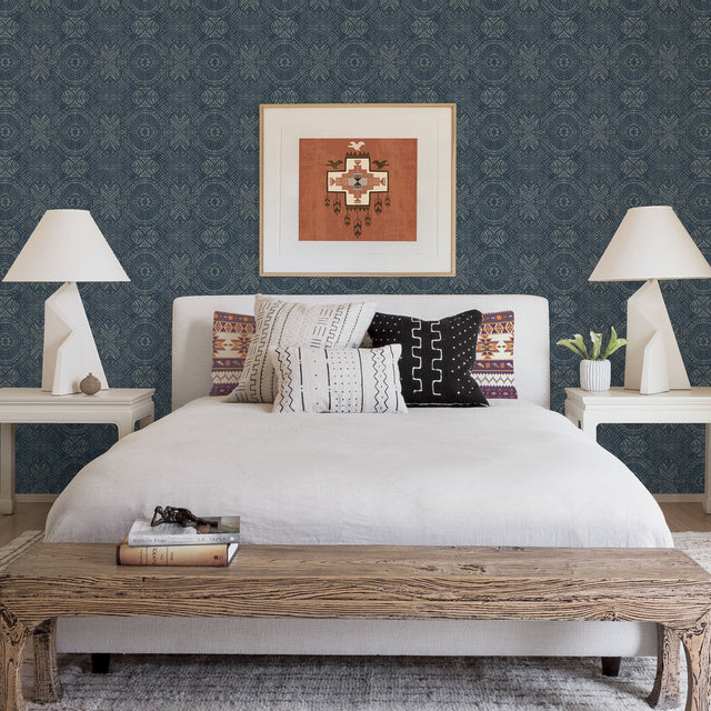 Java Navy Medallion Wallpaper with Handpainted Tin Tile Motif - Chesapeake 3118-12661