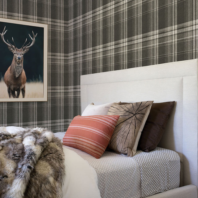 Saranac Dark Brown Flannel Wallpaper with Country Faux Effects Plaid - Chesapeake 3118-12671