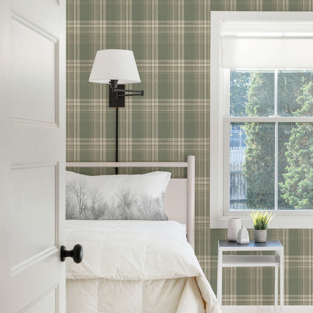 Saranac Sage Flannel Wallpaper with Faux Flannel Plaid - Chesapeake 3118-12673