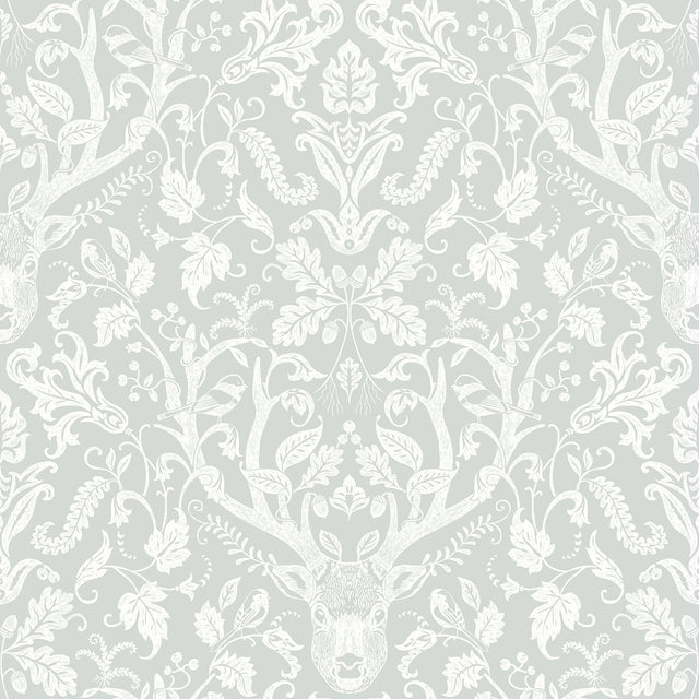 Kiwassa Grey Antler Damask Wallpaper with Hand-Drawn Forest Stag Motif, Country Style - Chesapeake 3118-12702