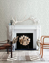 Kiwassa Grey Antler Damask Wallpaper with Hand-Drawn Forest Stag Motif, Country Style - Chesapeake 3118-12702