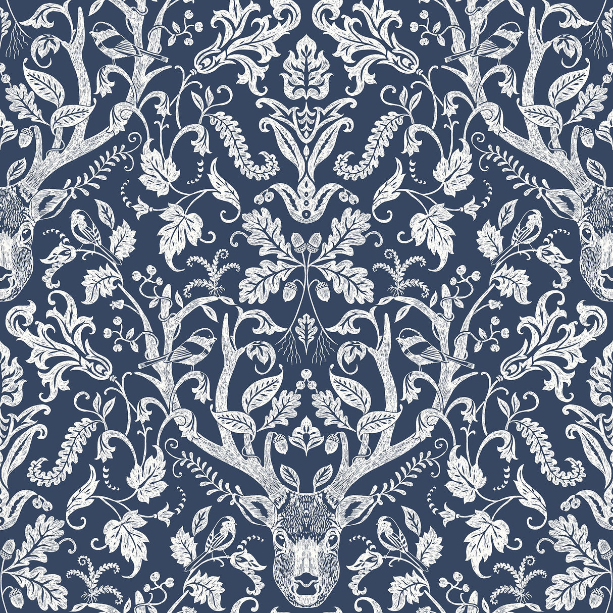 Kiwassa Navy Antler Damask Wallpaper with Country Lodge Motif - Chesapeake 3118-12703