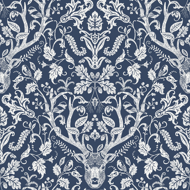 Kiwassa Navy Antler Damask Wallpaper with Country Lodge Motif - Chesapeake 3118-12703