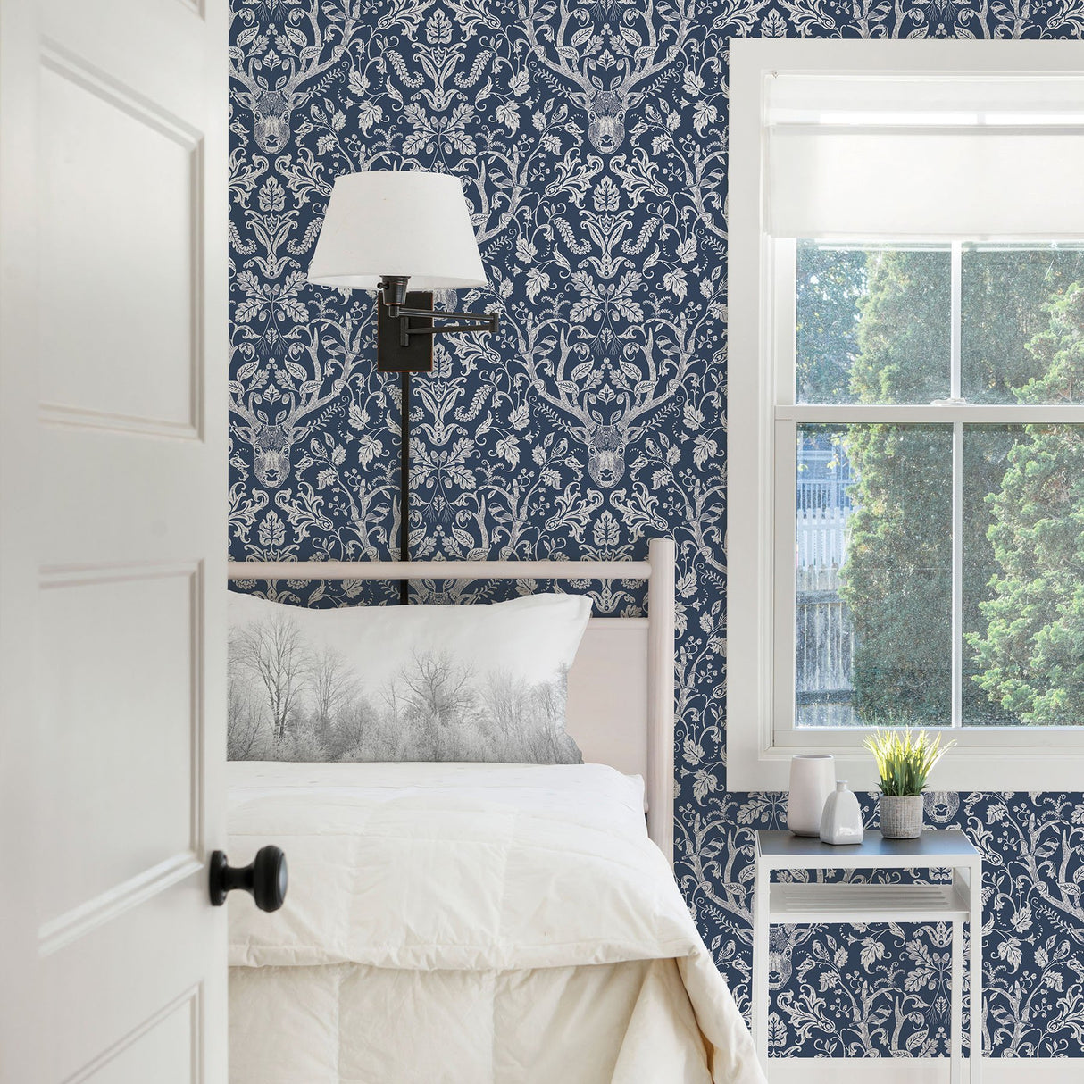Kiwassa Navy Antler Damask Wallpaper with Country Lodge Motif - Chesapeake 3118-12703