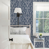 Kiwassa Navy Antler Damask Wallpaper with Country Lodge Motif - Chesapeake 3118-12703