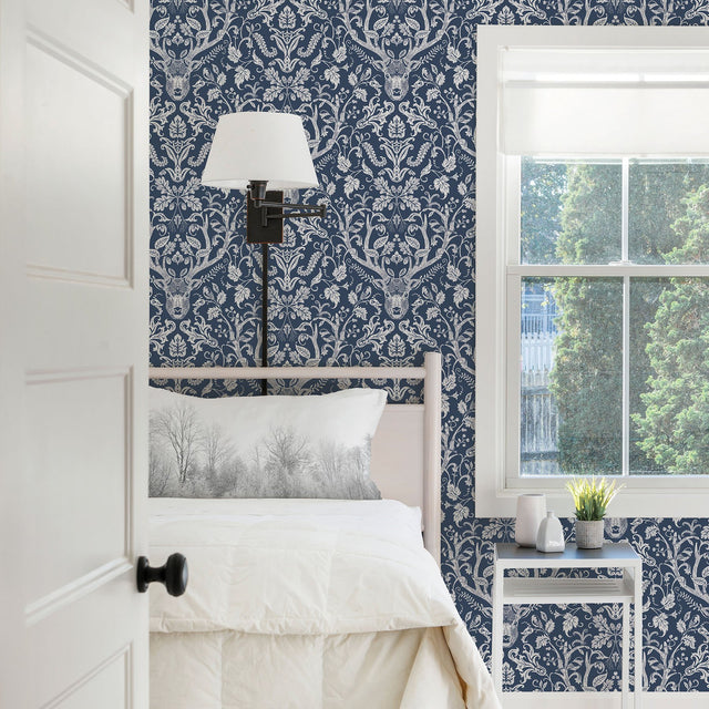 Kiwassa Navy Antler Damask Wallpaper with Country Lodge Motif - Chesapeake 3118-12703