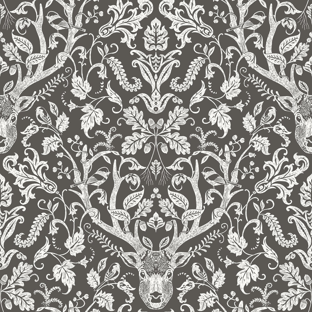 Kiwassa Brown Antler Damask Wallpaper with Whimsical Stag and Songbird Motif - Chesapeake 3118-12704