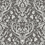 Kiwassa Brown Antler Damask Wallpaper with Whimsical Stag and Songbird Motif - Chesapeake 3118-12704