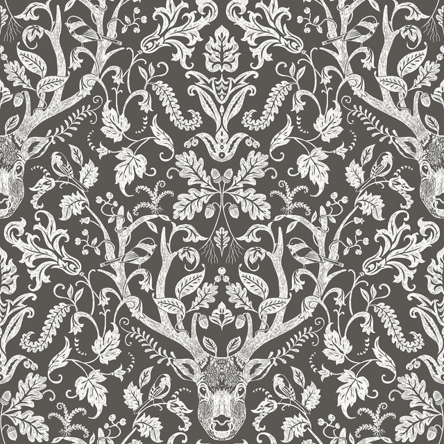 Kiwassa Brown Antler Damask Wallpaper with Whimsical Stag and Songbird Motif - Chesapeake 3118-12704