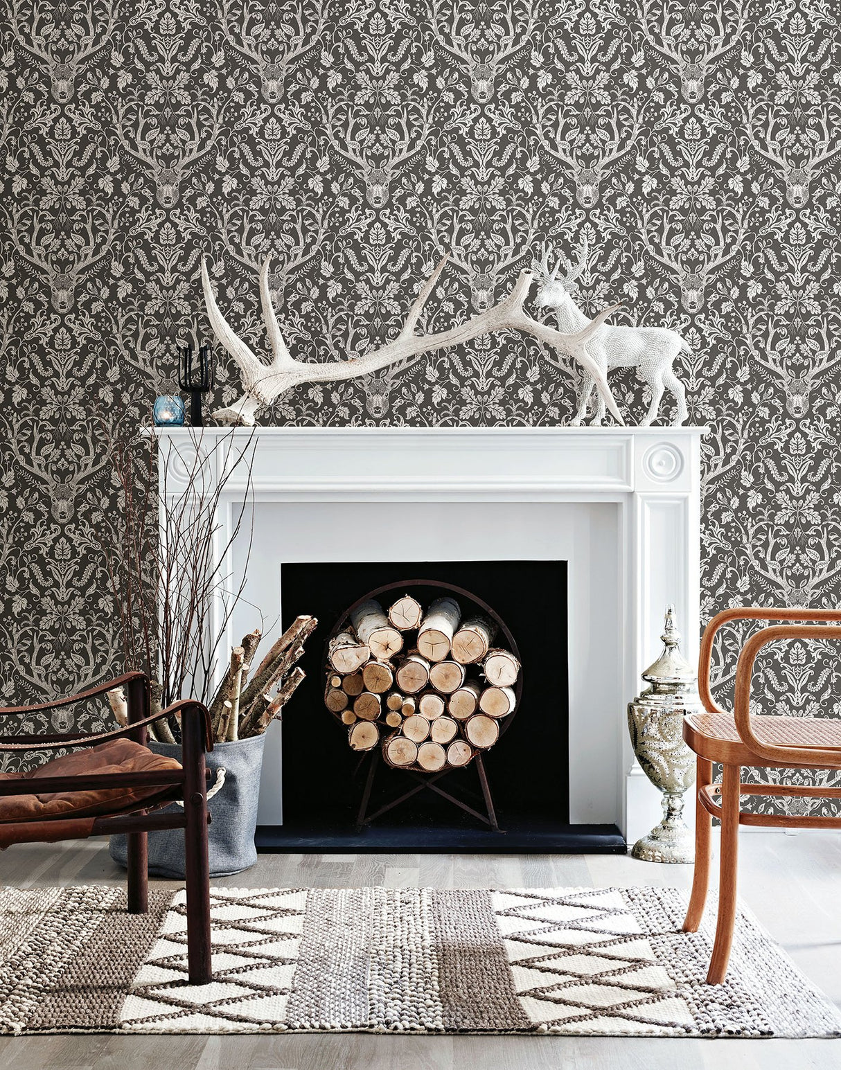 Kiwassa Brown Antler Damask Wallpaper with Whimsical Stag and Songbird Motif - Chesapeake 3118-12704