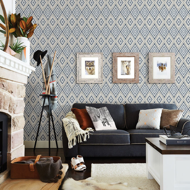 Ganado Navy Geometric Ikat Wallpaper with Boho Diamond Pattern - Chesapeake 3118-12713