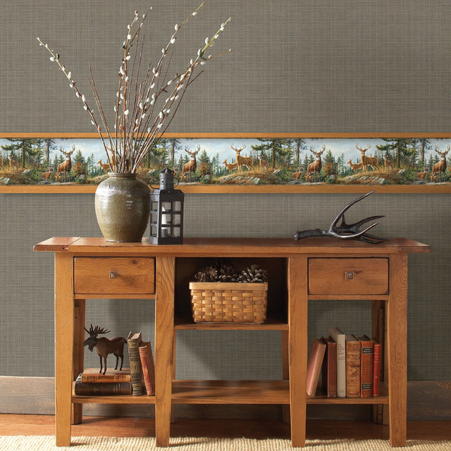 Whitetail Crest Multicolor Forest Wallpaper Border with Deer Scene - Chesapeake 3118-48463B