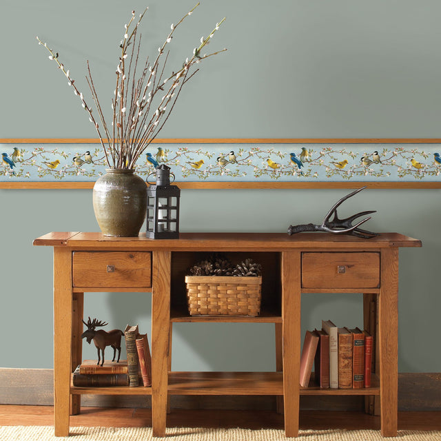 Songbird Multicolor Floral Trail Blue Bird and Blossom Border Wallpaper - Chesapeake 3118-48511B