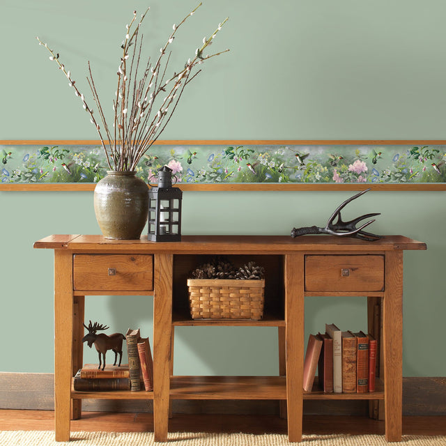 Ruby Multicolor Garden Wallpaper Border with Botanical Hummingbird Motif - Chesapeake 3118-48531B