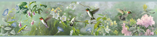 Ruby Multicolor Garden Wallpaper Border with Botanical Hummingbird Motif - Chesapeake 3118-48531B