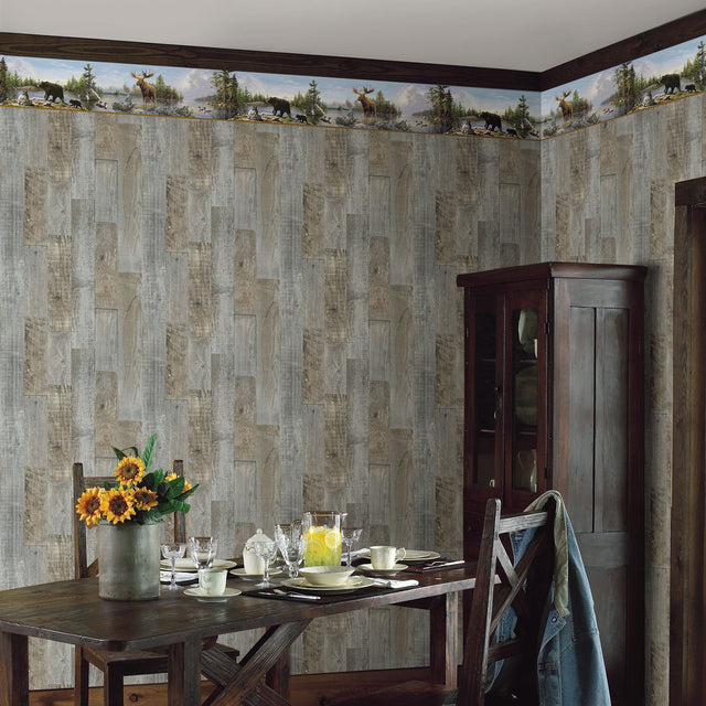 Moose Lake Multicolor Forest Wallpaper Border with Country Wildlife Scene - Chesapeake 3118-48541B
