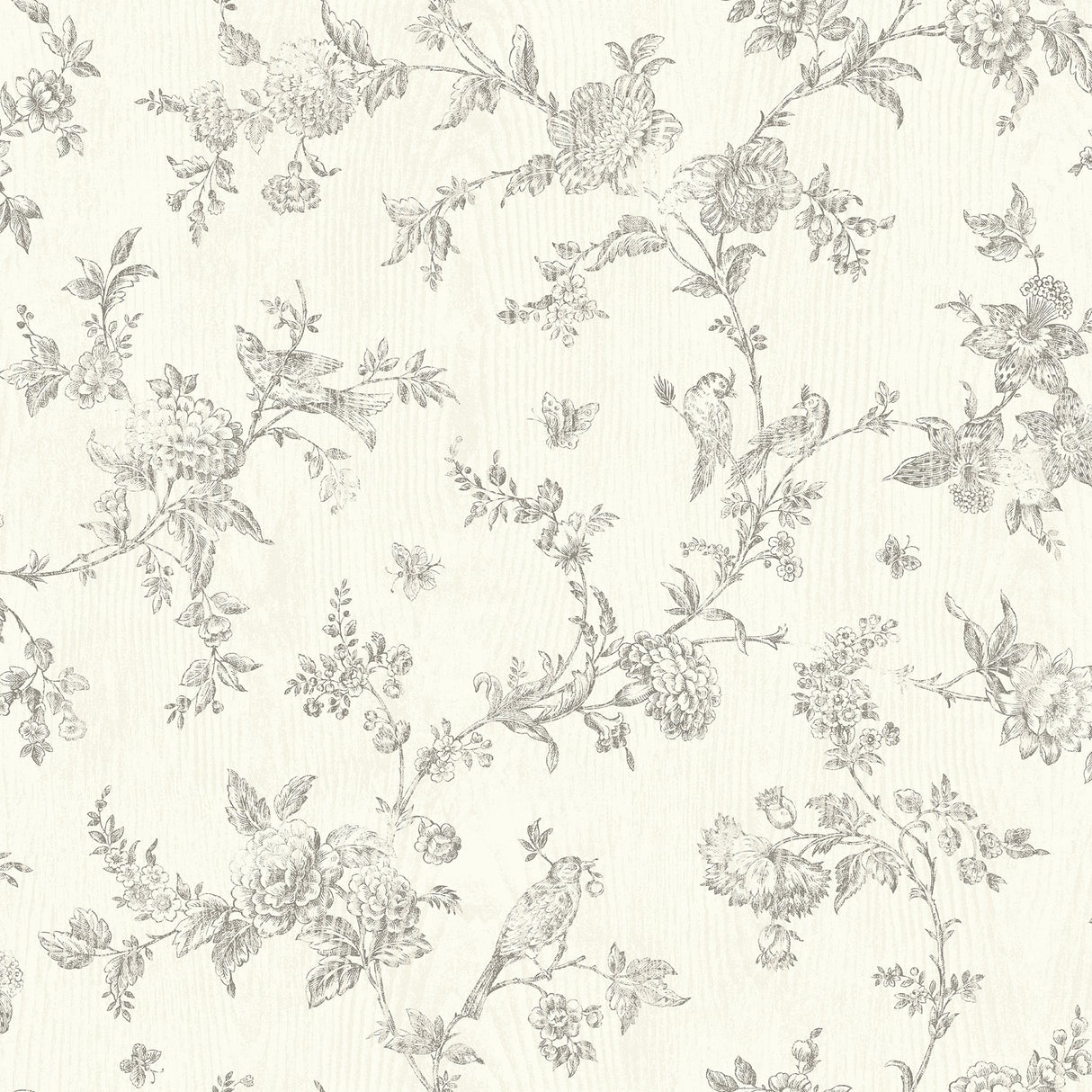 French Nightingale Taupe Floral Scroll Wallpaper with Botanical Birds Toile - Chesapeake 3119-02193