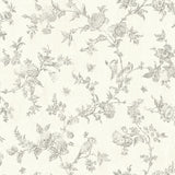French Nightingale Taupe Floral Scroll Wallpaper with Botanical Birds Toile - Chesapeake 3119-02193