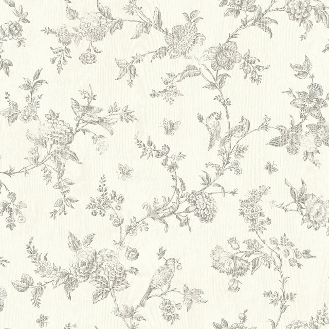 French Nightingale Taupe Floral Scroll Wallpaper with Botanical Birds Toile - Chesapeake 3119-02193