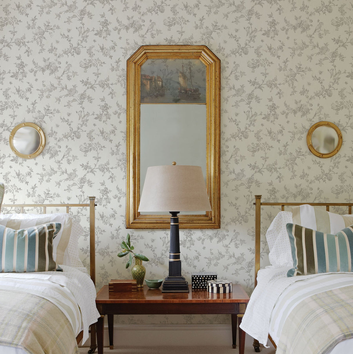 French Nightingale Taupe Floral Scroll Wallpaper with Botanical Birds Toile - Chesapeake 3119-02193