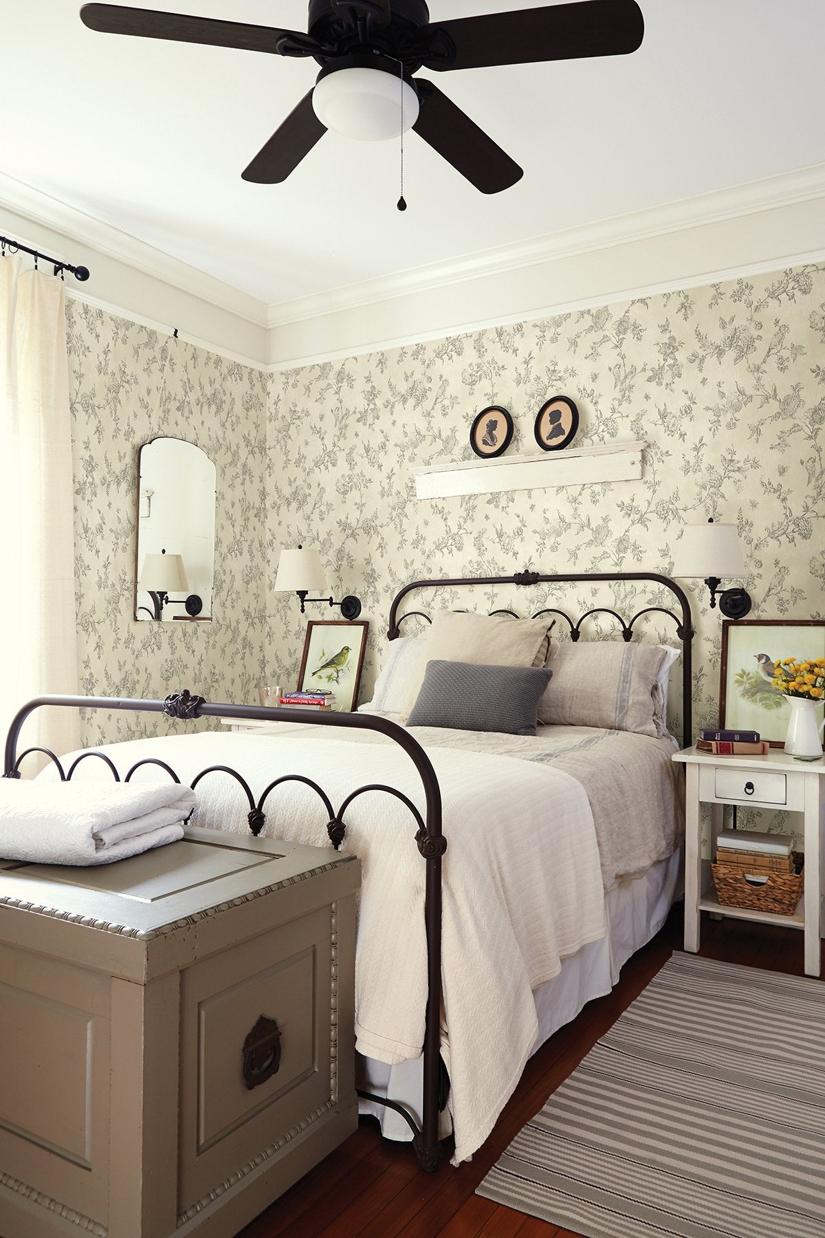 French Nightingale Taupe Floral Scroll Wallpaper with Botanical Birds Toile - Chesapeake 3119-02193
