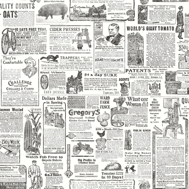 Underwood Black Vintage Newspaper Wallpaper with Novelty Graphics Pattern, Vintage Style - Chesapeake 3119-13081