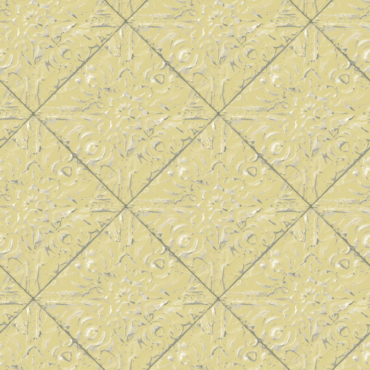 Brandi Yellow Metallic Faux Tile Wallpaper with Vintage Graphic Tile Motif - Chesapeake 3119-13093