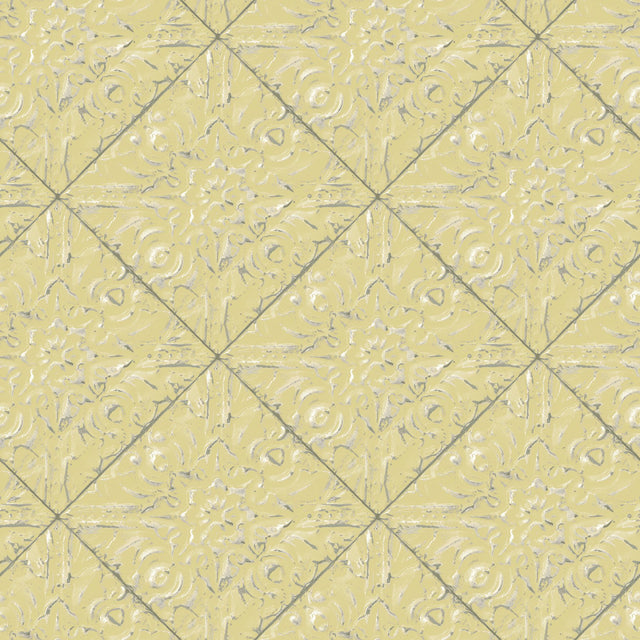 Brandi Yellow Metallic Faux Tile Wallpaper with Vintage Graphic Tile Motif - Chesapeake 3119-13093
