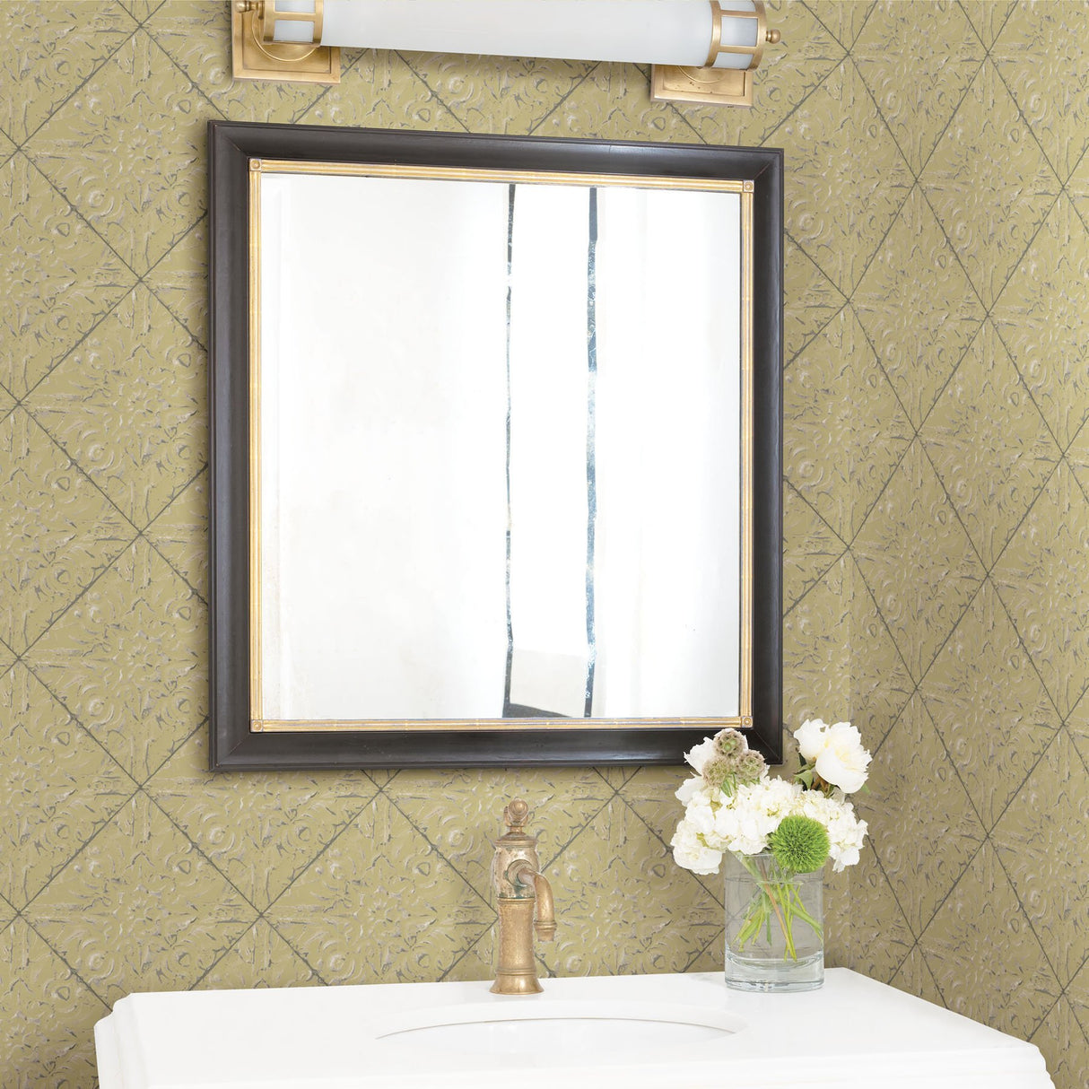 Brandi Yellow Metallic Faux Tile Wallpaper with Vintage Graphic Tile Motif - Chesapeake 3119-13093