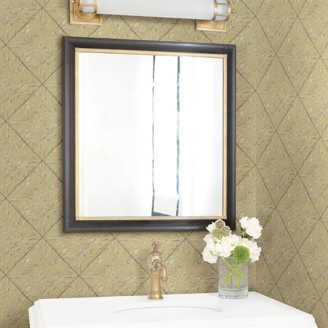 Brandi Yellow Metallic Faux Tile Wallpaper with Vintage Graphic Tile Motif - Chesapeake 3119-13093