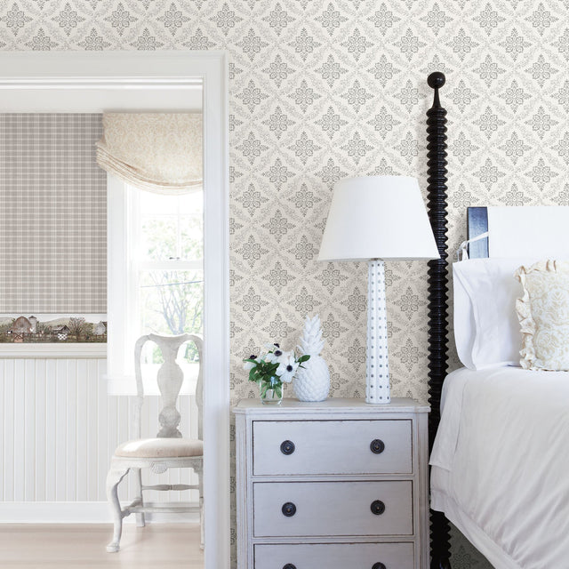 Wynonna Light Grey Geometric Floral Wallpaper with Country Botanical Geometric Motif - Brewster 3119-13531