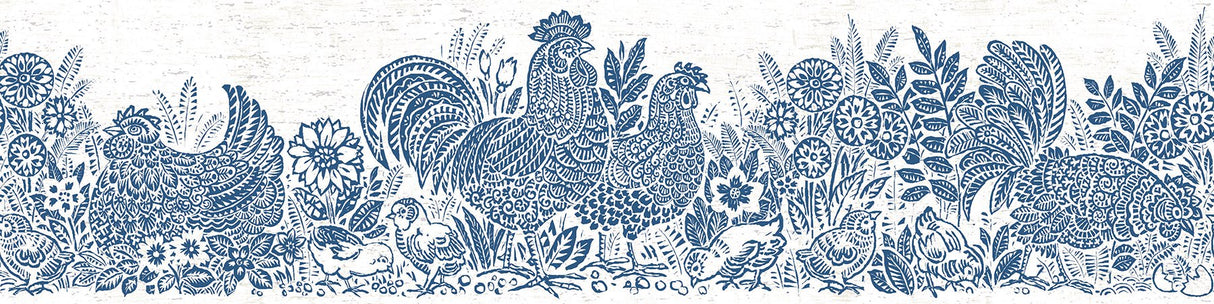 Parton Blue Chicken Wallpaper Border with Country Block-Print Motif - Chesapeake 3119-13551B