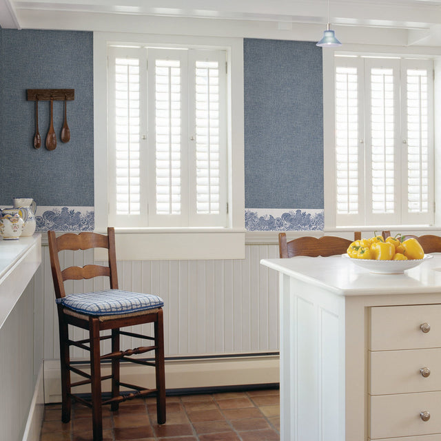 Parton Blue Chicken Wallpaper Border with Country Block-Print Motif - Chesapeake 3119-13551B