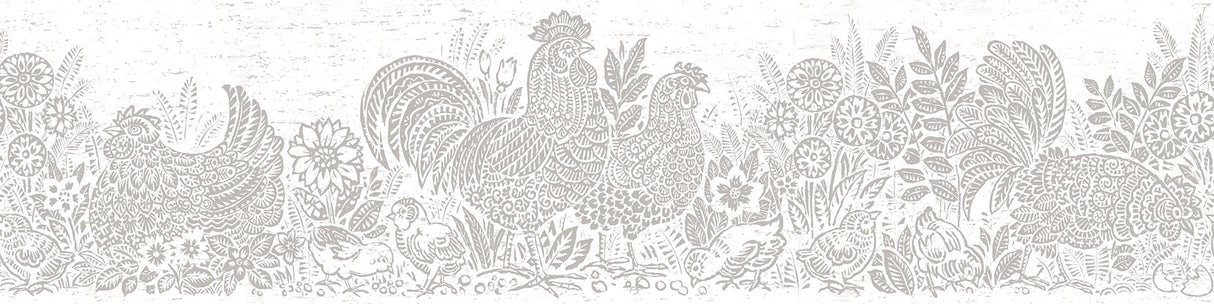 Parton Light Grey Chicken Wallpaper Border with Country Block-Print Motif - Chesapeake 3119-13554B