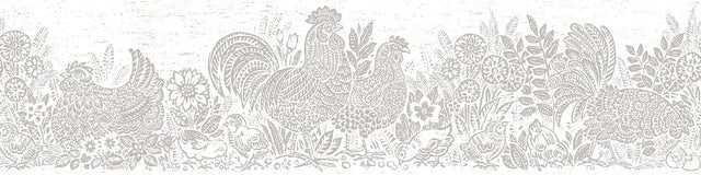 Parton Light Grey Chicken Wallpaper Border with Country Block-Print Motif - Chesapeake 3119-13554B