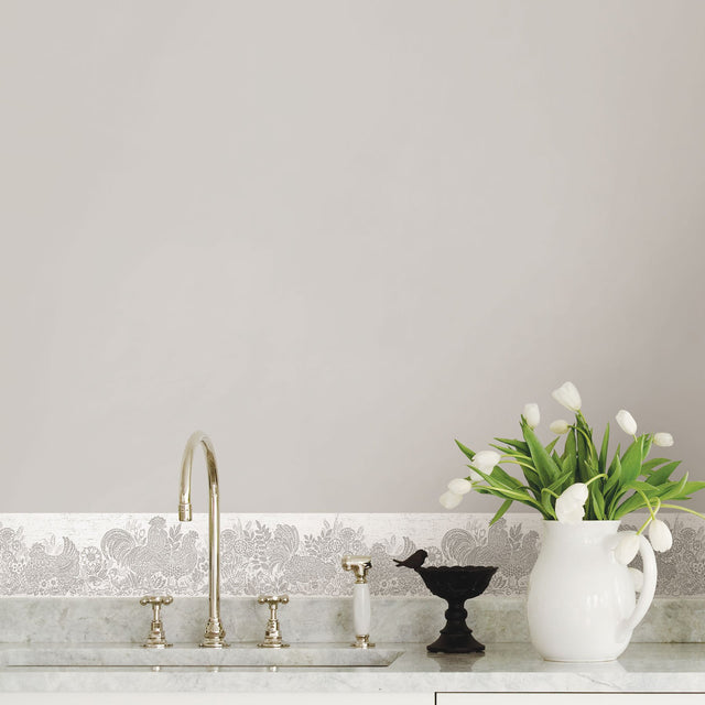 Parton Light Grey Chicken Wallpaper Border with Country Block-Print Motif - Chesapeake 3119-13554B