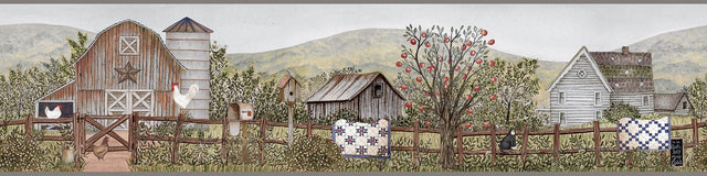 Clarksville Green Farm Border Wallpaper with Country Farm Motif - Chesapeake 3119-13571B