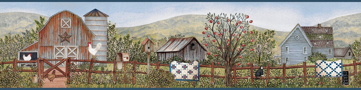 Clarksville Blue Farm Border Wallpaper with Country Farm Scene - Chesapeake 3119-13572B