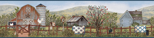 Clarksville Blue Farm Border Wallpaper with Country Farm Scene - Chesapeake 3119-13572B