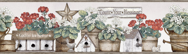 Geranium Multicolor Flower Pot Border Wallpaper with Country Botanical Floral Pattern - Chesapeake 3119-13581B
