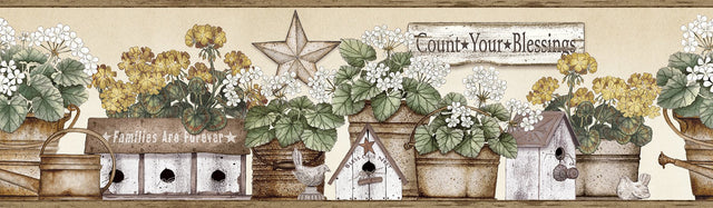 Geranium Yellow Flower Pot Wallpaper Border with Country Botanical Floral Motif - Brewster 3119-13582B