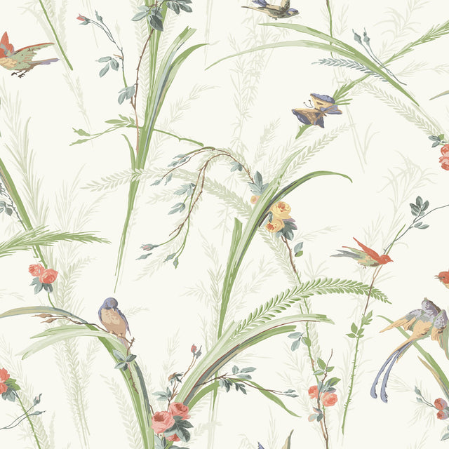 Meadowlark Light Green Botanical Wallpaper with Floral and Birds Motif - Chesapeake 3119-19321