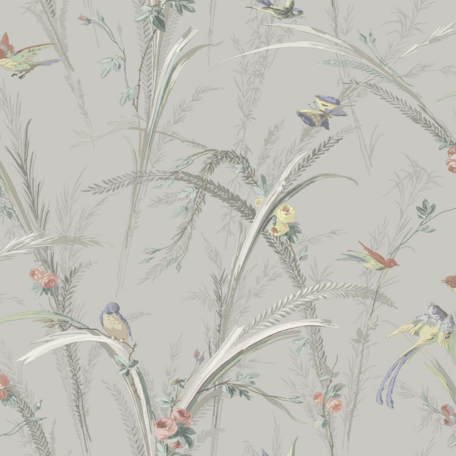 Meadowlark Grey Botanical Wallpaper with Flowers and Birds Pattern - Chesapeake 3119-193211
