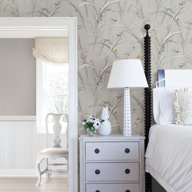 Meadowlark Grey Botanical Wallpaper with Flowers and Birds Pattern - Chesapeake 3119-193211