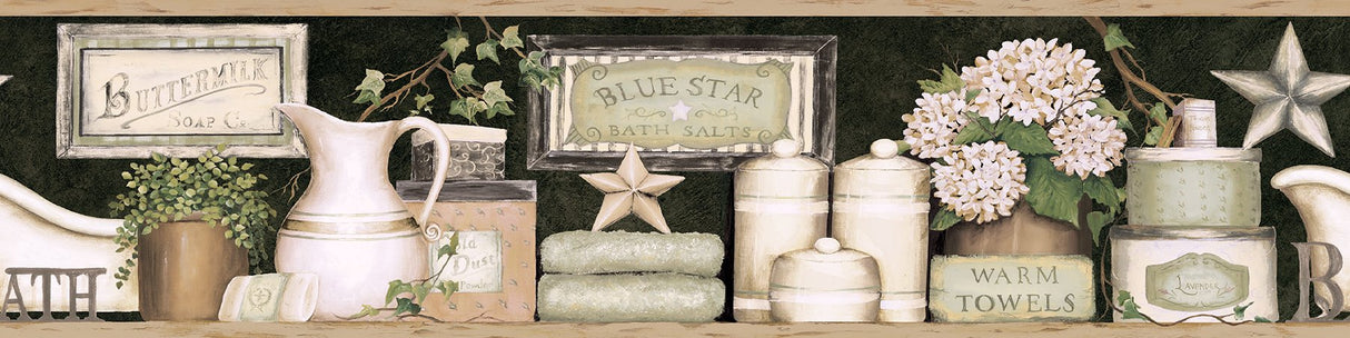 Country Bath Black Rustic Border Wallpaper with Country Novelty Bath Motif - Chesapeake 3119-63102B