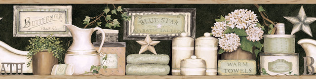 Country Bath Black Rustic Border Wallpaper with Country Novelty Bath Motif - Chesapeake 3119-63102B