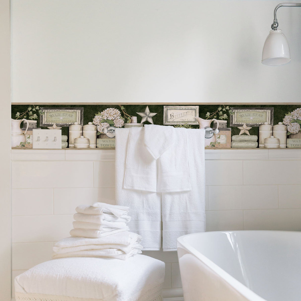Country Bath Black Rustic Border Wallpaper with Country Novelty Bath Motif - Chesapeake 3119-63102B
