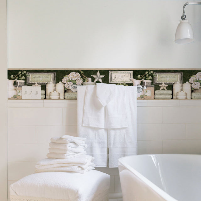 Country Bath Black Rustic Border Wallpaper with Country Novelty Bath Motif - Chesapeake 3119-63102B